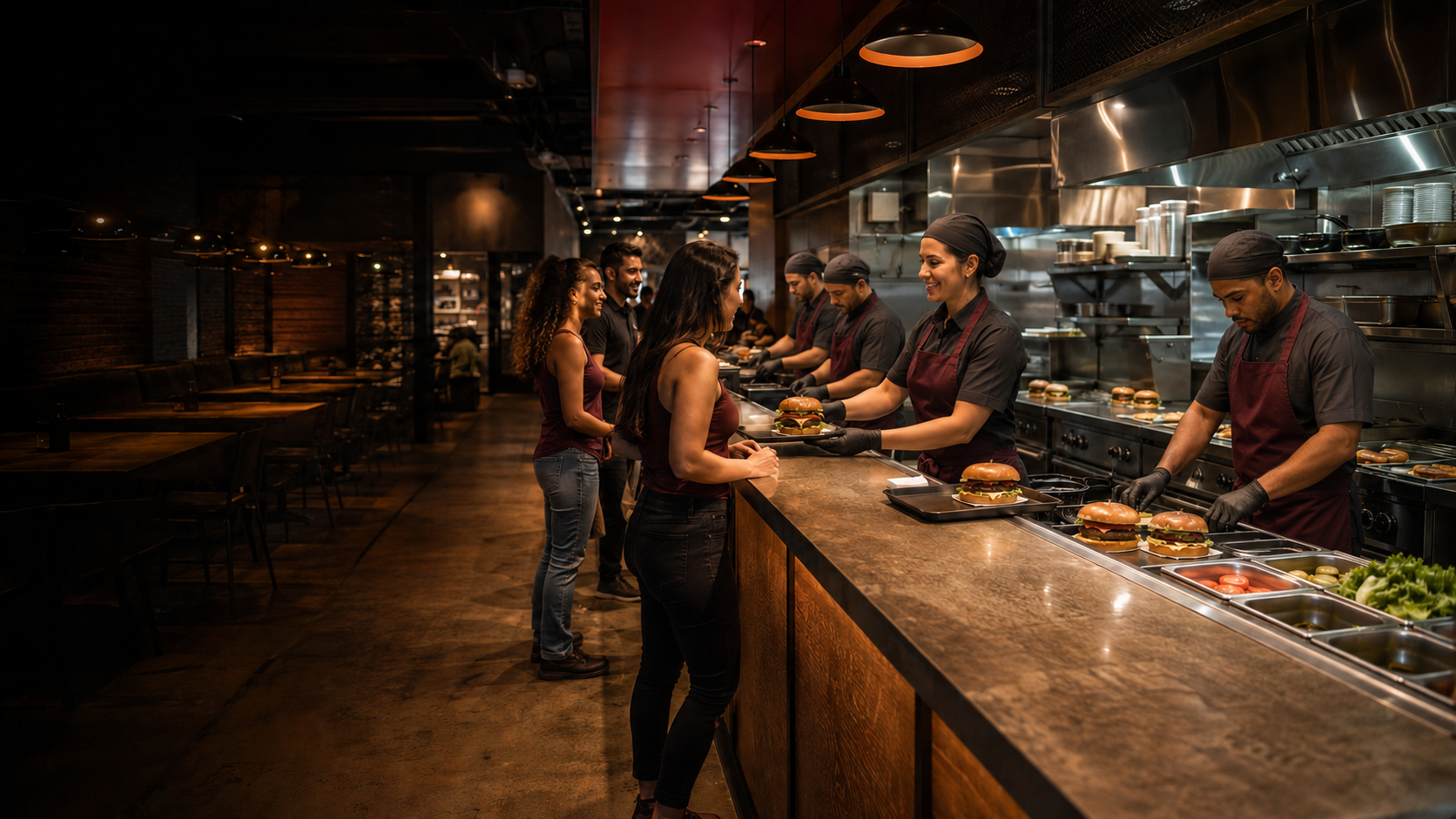 Equipe de gastronomia atendendo clientes em uma operação profissional